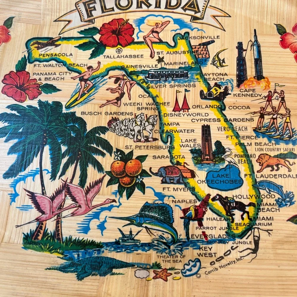 Vintage 70's Florida Souvenir Bamboo Oval Tray Collectible 16”x12” Beach Boho